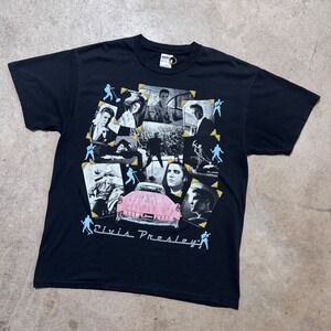 Vintage Y2K Elvis Presley Collage‎ Graphic T-Shirt Pink Car Gildan Ultra Blend L